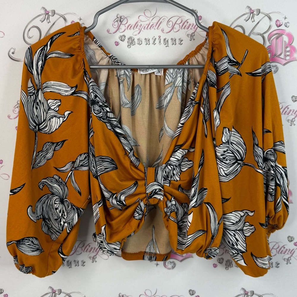 Rebdolls cropped shirt floral line work flowers Mustard Floral Blouse orange